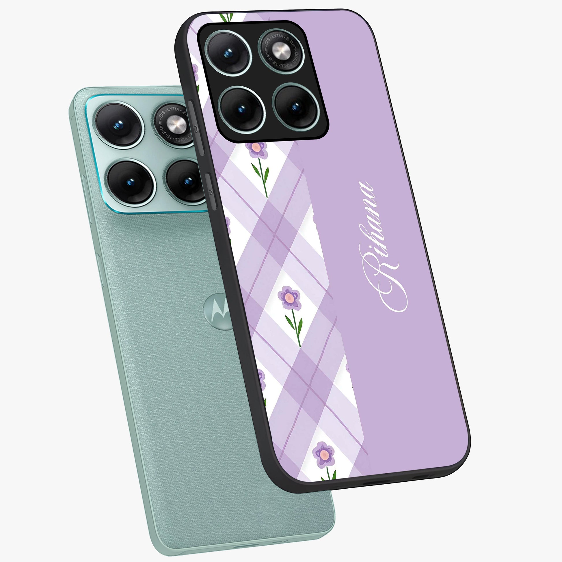 Purple Diamond Floral Glass Case displayed in angled mockup highlighting elegant purple flower design with decorative pattern.