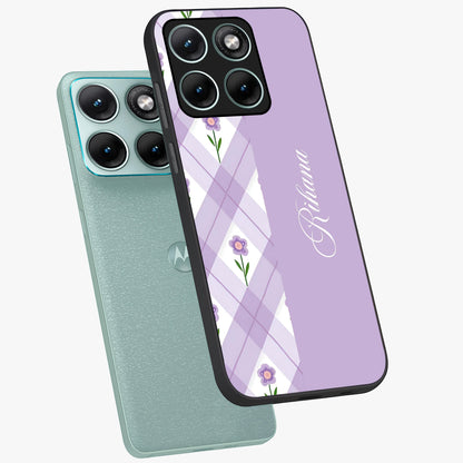 Purple Diamond Floral Glass Case displayed in angled mockup highlighting elegant purple flower design with decorative pattern.