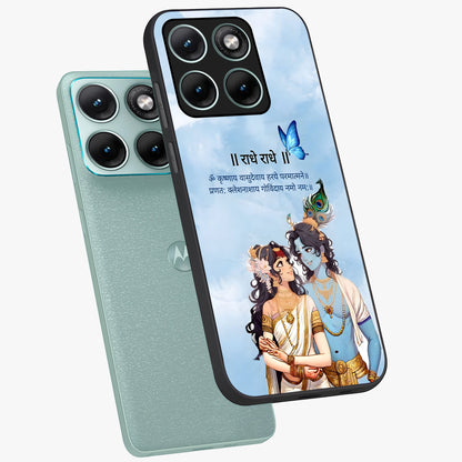 Radha Krishna Eternal Glass Case displayed in angled mockup highlighting divine Radha Krishna illustration with spiritual aesthetic.