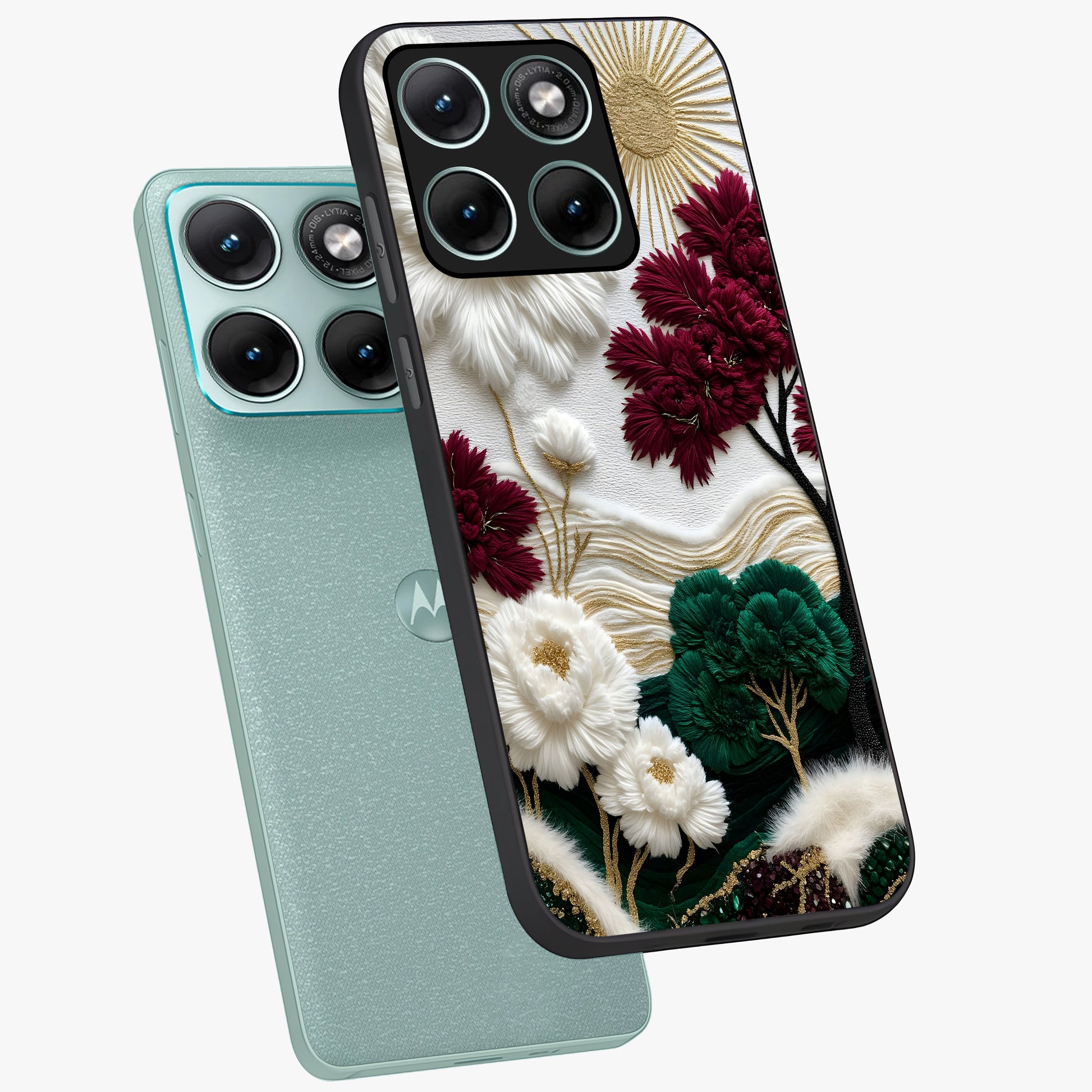 Radiant Bloom Elegance Glass Case displayed in angled mockup highlighting graceful floral design with radiant aesthetic style.