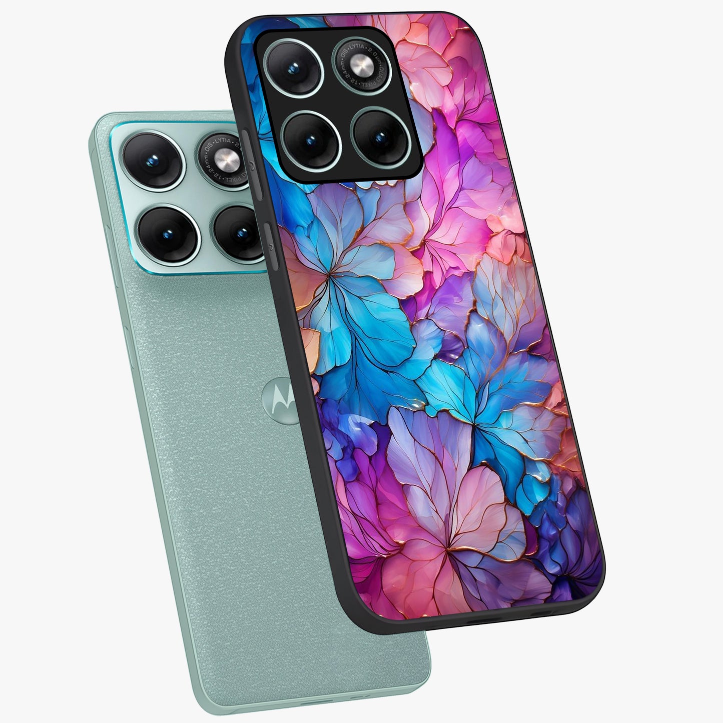 Radiant Floral Whirl Glass Case displayed in angled mockup highlighting vibrant flower pattern with dynamic artistic aesthetic.