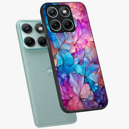 Radiant Floral Whirl Glass Case displayed in angled mockup highlighting vibrant flower pattern with dynamic artistic aesthetic.