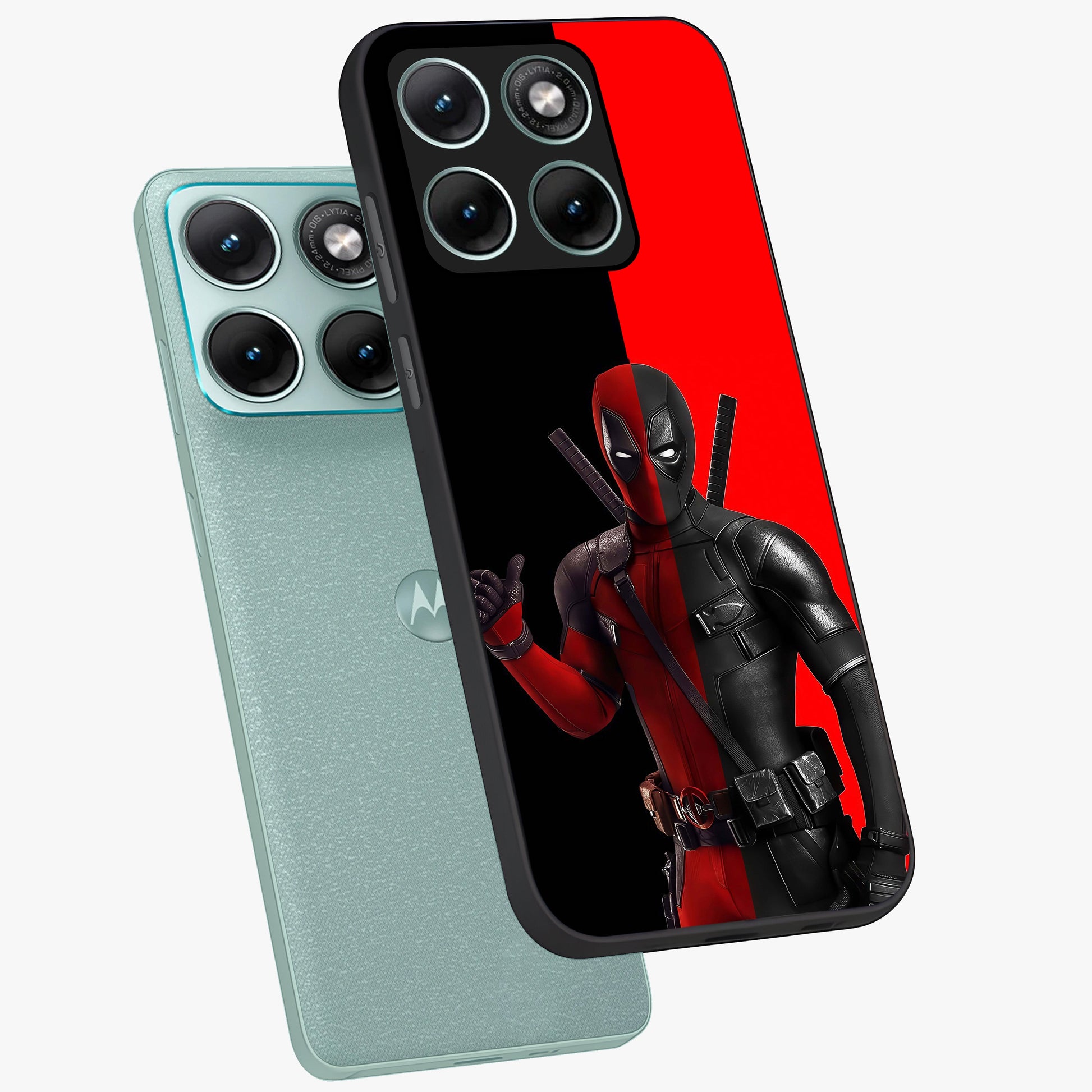 Red & Black Deadpool Theme Glass Case displayed in angled mockup highlighting vibrant superhero style illustration with action aesthetic.