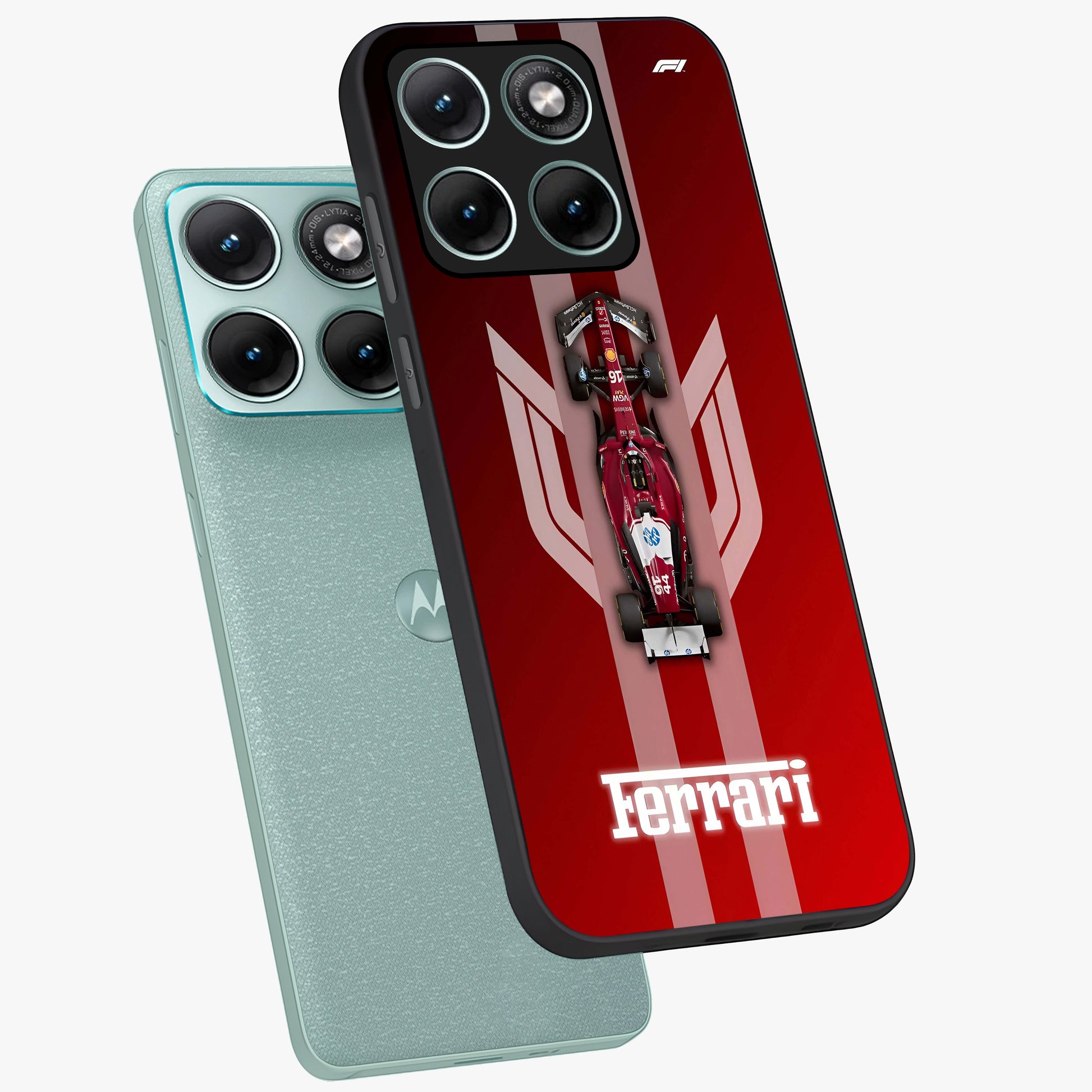 Red Ferrari F1 Vertical Glass Case displayed in angled mockup highlighting high speed racing design with bold automotive aesthetic.