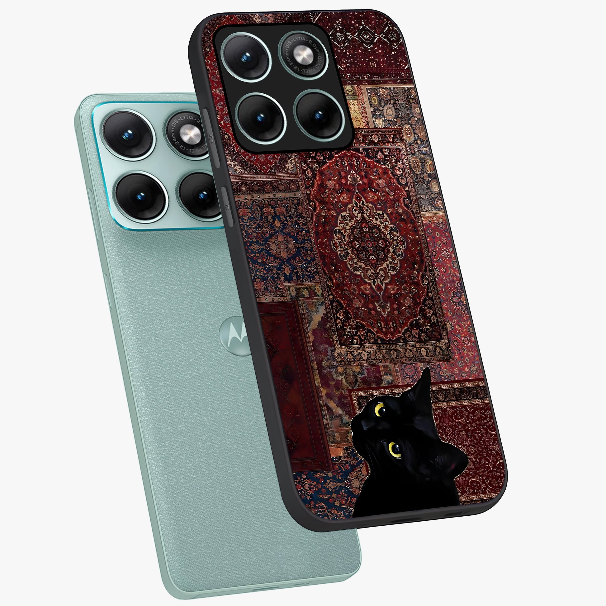 Regal Magic Cat Apple Glass Case displayed in angled mockup highlighting whimsical feline design with fantasy aesthetic.