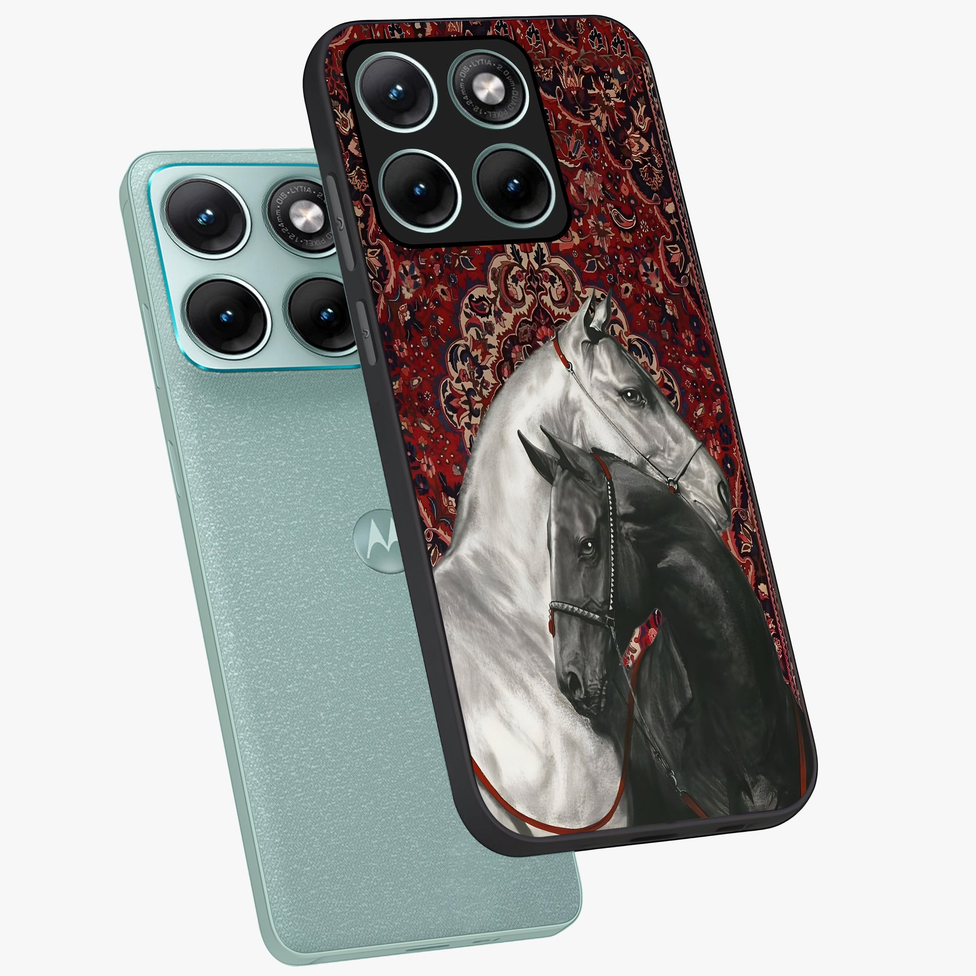 Regal Stallion Tapestry Glass Case displayed in angled mockup highlighting royal stallion design with decorative heritage aesthetic.