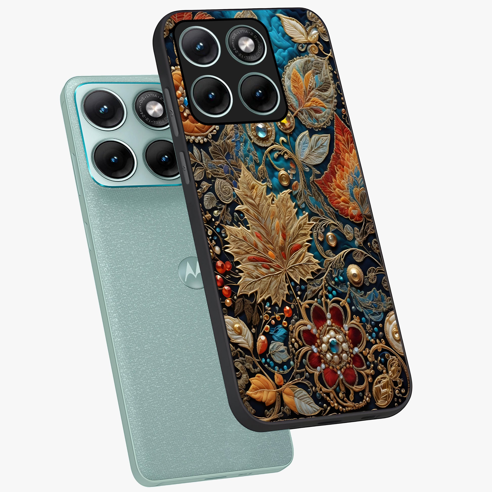 Royal Jewel Garden Glass Case displayed in angled mockup highlighting vibrant jewel inspired floral design with elegant aesthetic.
