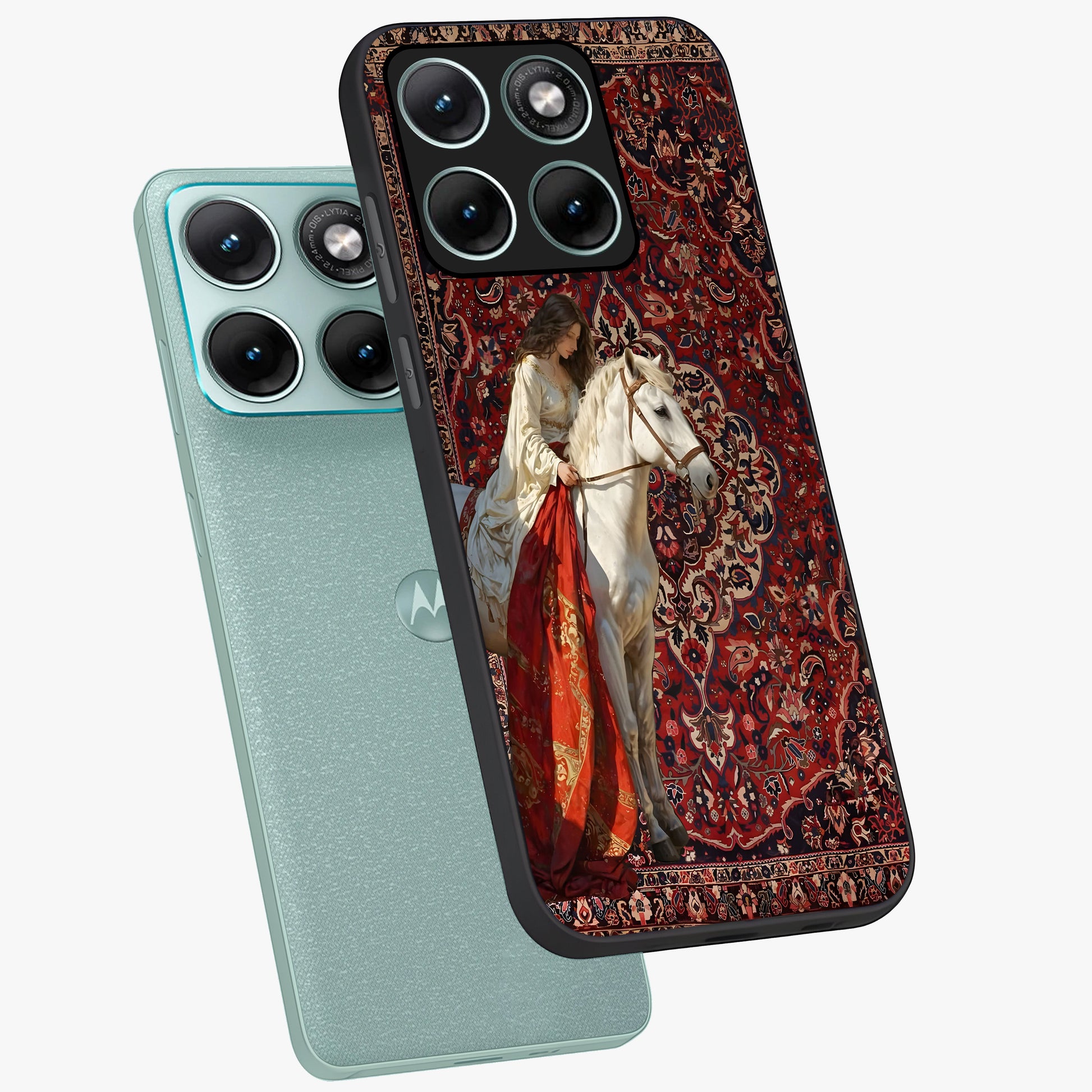 Royal Rider Tapestry Glass Case displayed in angled mockup highlighting traditional tapestry design with royal heritage aesthetic.