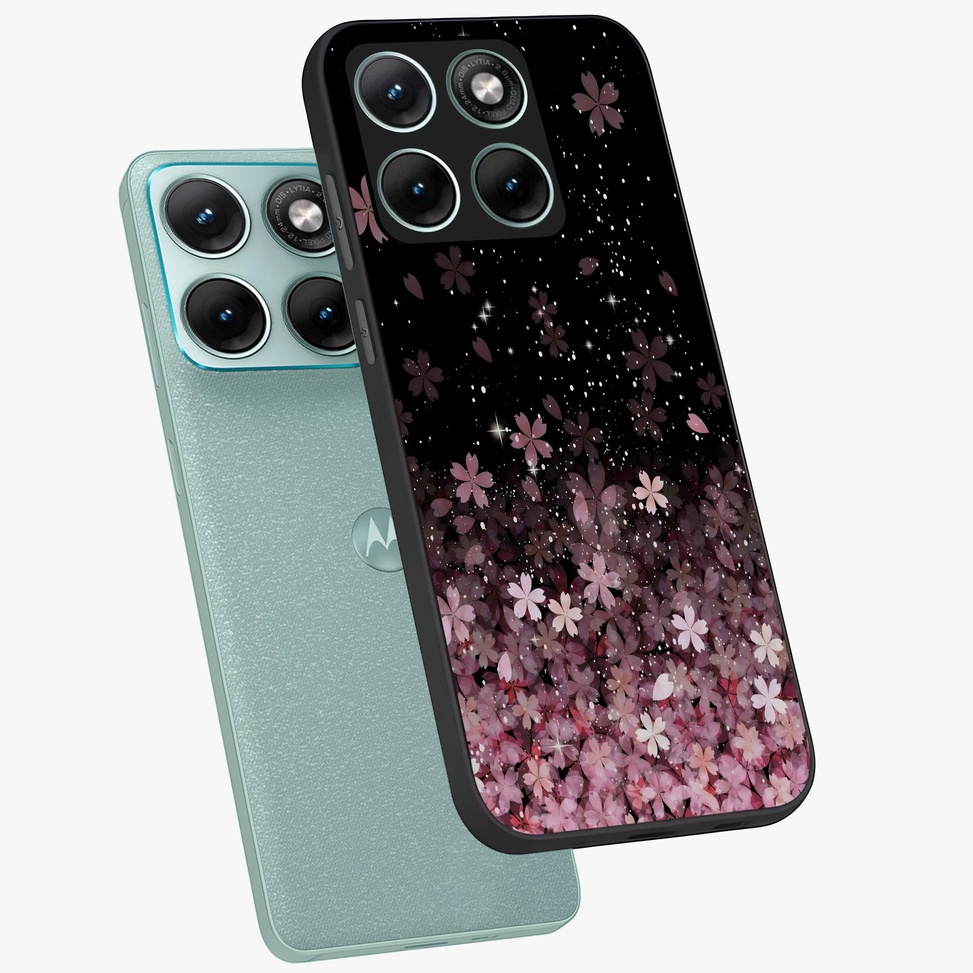 Small Starry Flowers Glass Case displayed in angled mockup highlighting tiny flower pattern with celestial aesthetic style.