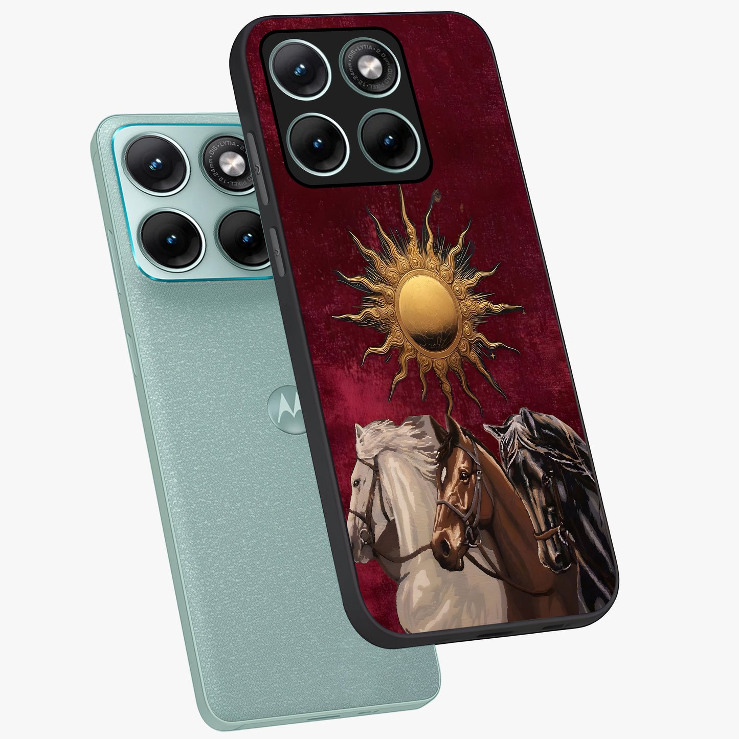 Solar Riders Glass Case displayed in angled mockup highlighting powerful rider illustration with radiant solar aesthetic.