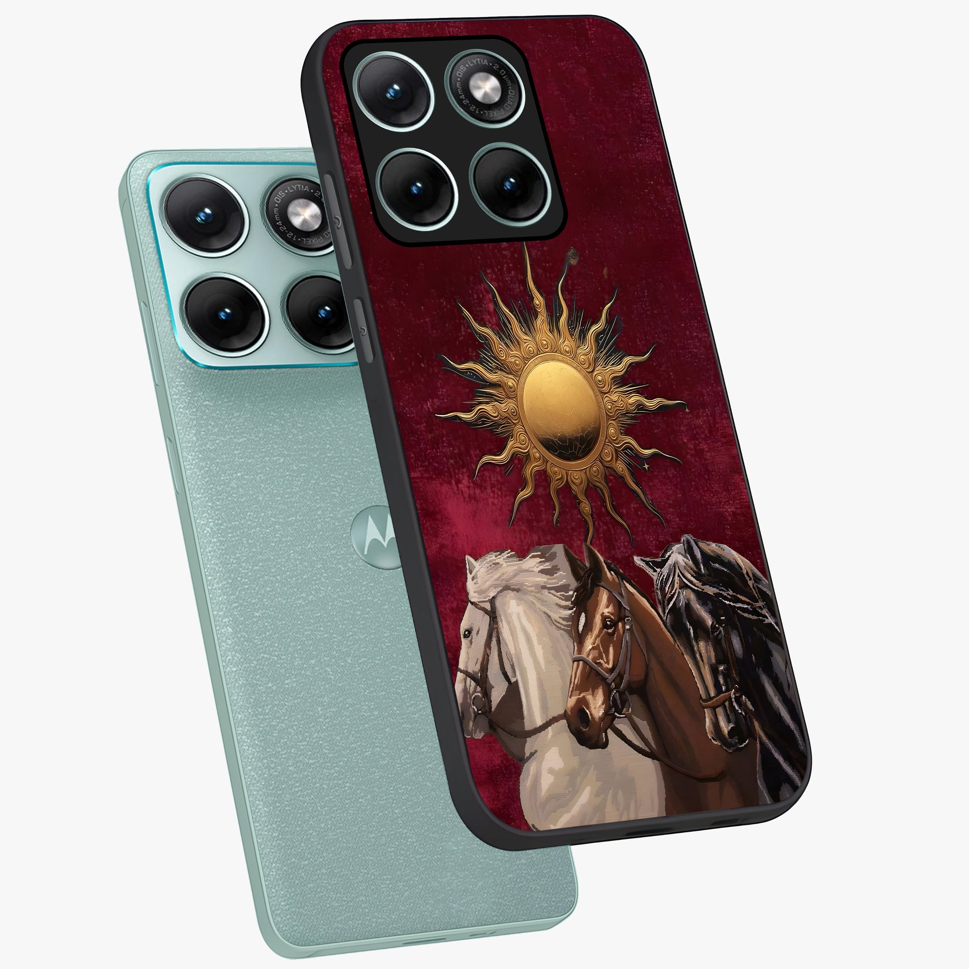 Solar Riders Glass Case displayed in angled mockup highlighting powerful rider illustration with radiant solar aesthetic.