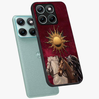 Solar Riders Glass Case displayed in angled mockup highlighting powerful rider illustration with radiant solar aesthetic.