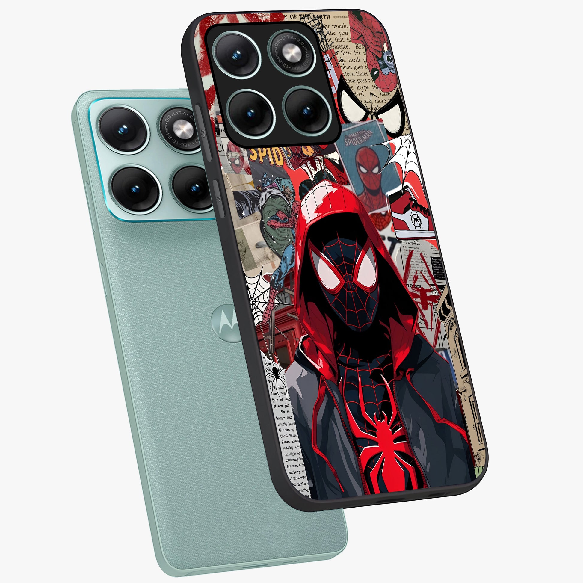 Spider Collage Street Glass Case displayed in angled mockup highlighting dynamic street style collage design with comic aesthetic.