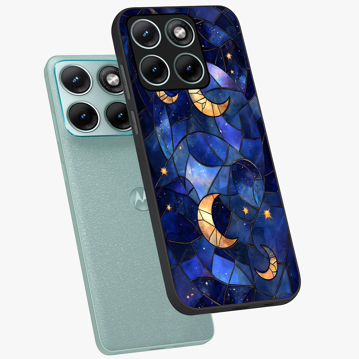 Starlit Sky Tapestry Glass Case displayed in angled mockup highlighting celestial night pattern with artistic aesthetic style.