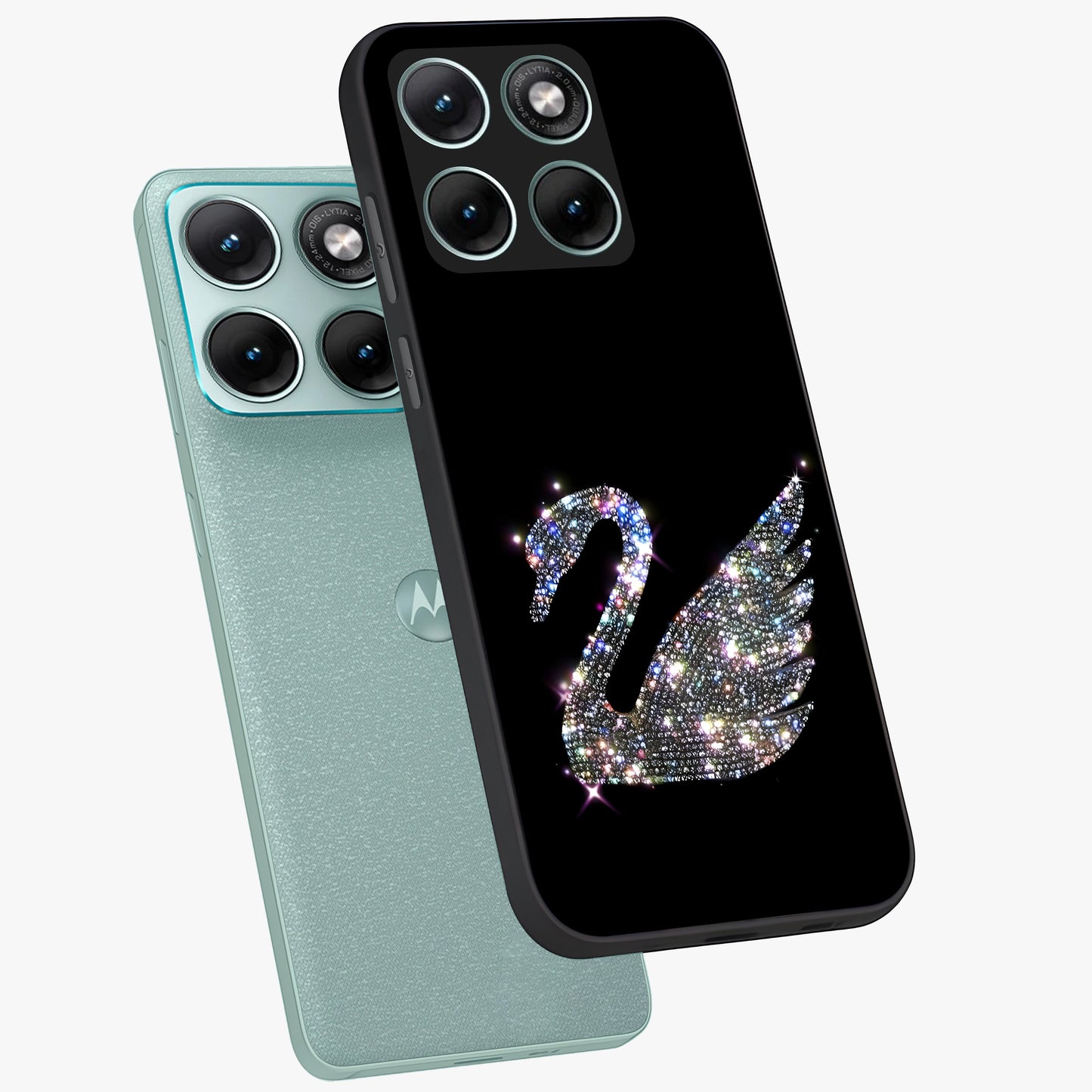 Starlit Swan Grace Glass Case displayed in angled mockup highlighting elegant swan illustration with dreamy celestial aesthetic.