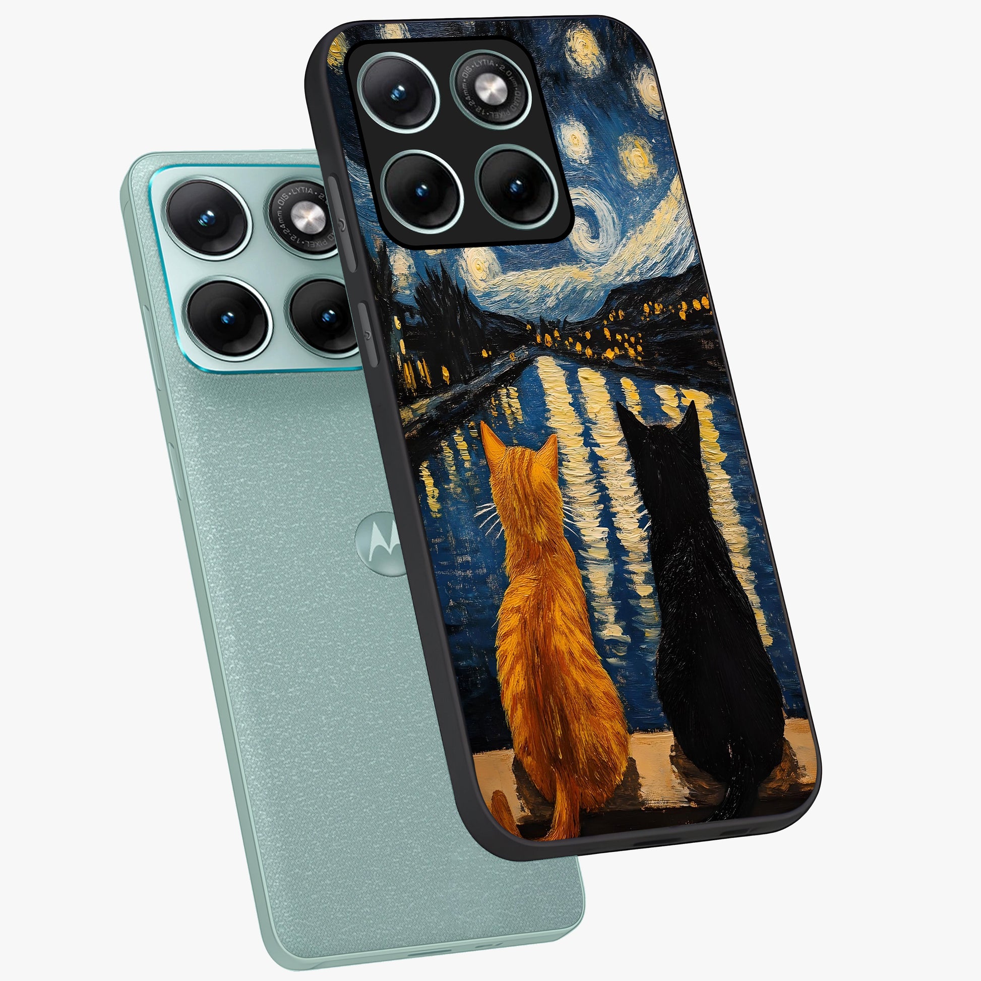 Starry River Cats Glass Case displayed in angled mockup highlighting charming feline illustration with dreamy night aesthetic.