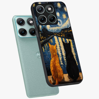 Starry River Cats Glass Case displayed in angled mockup highlighting charming feline illustration with dreamy night aesthetic.
