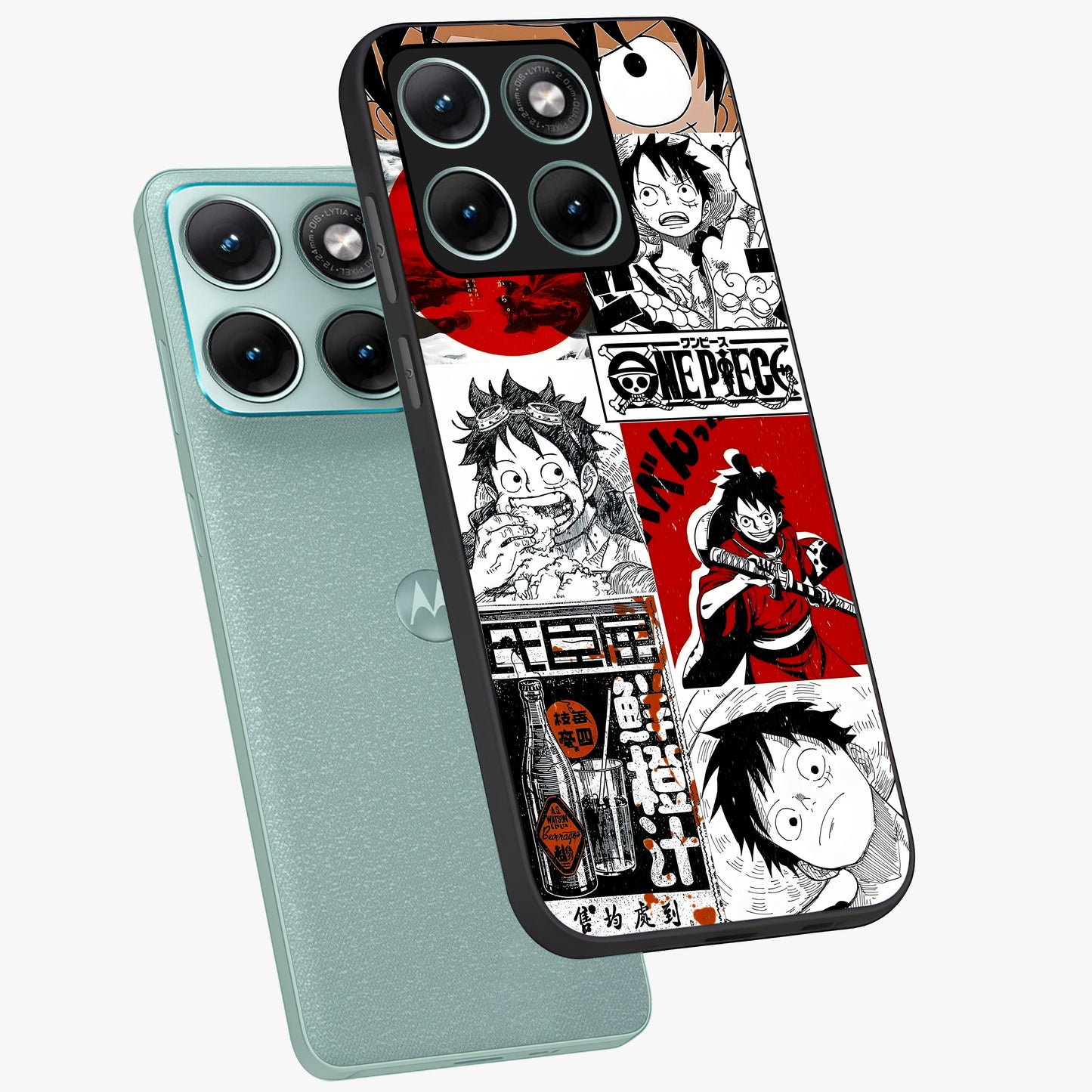 Strawhat Chaos Panels Glass Case displayed in angled mockup highlighting vibrant anime collage design with action aesthetic.