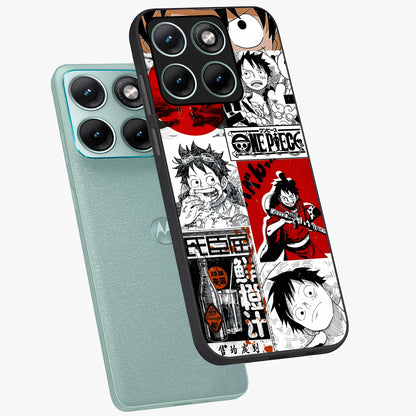 Strawhat Chaos Panels Glass Case displayed in angled mockup highlighting vibrant anime collage design with action aesthetic.
