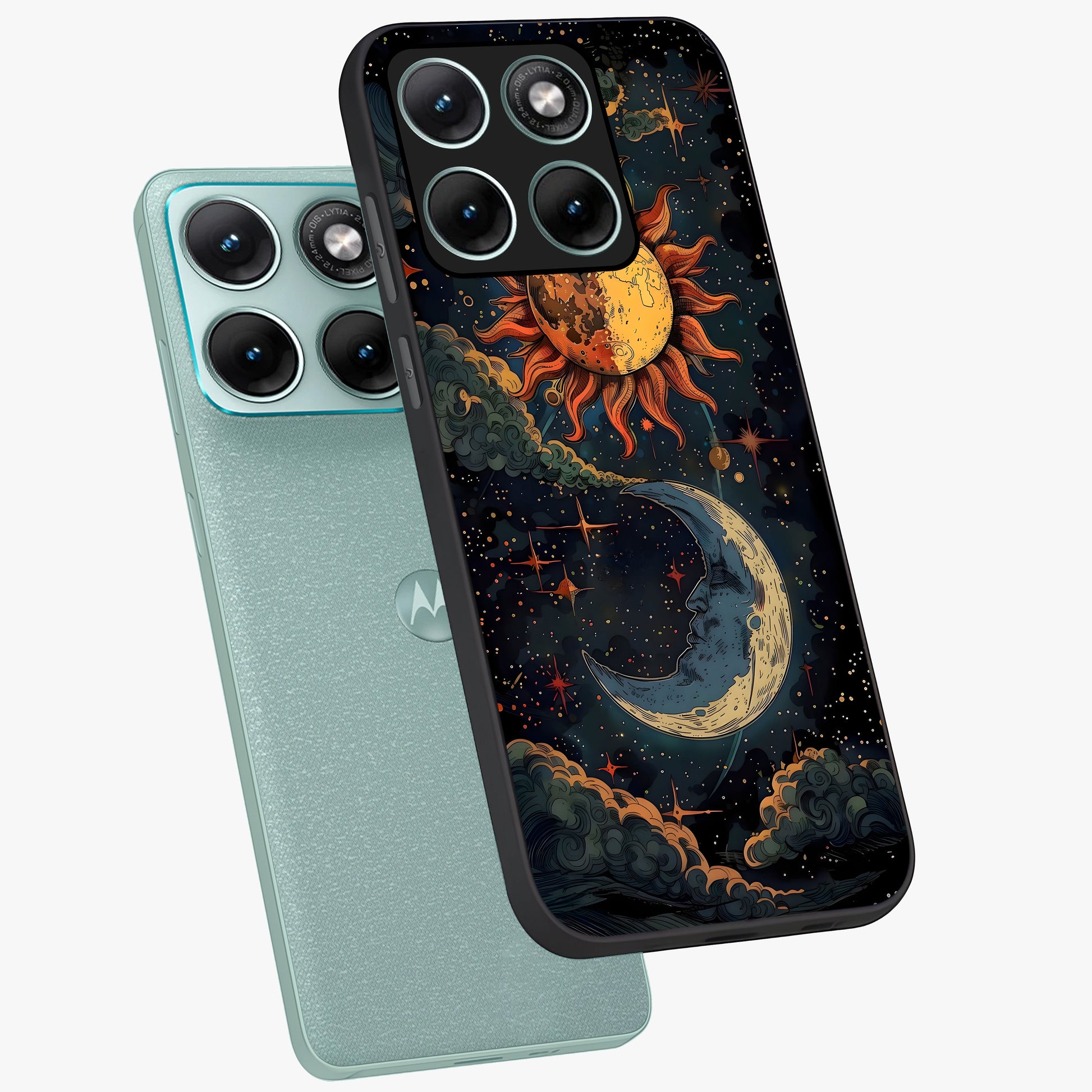 Sun And Moon Magic Design Glass Case displayed in angled mockup highlighting celestial design with magical cosmic aesthetic.