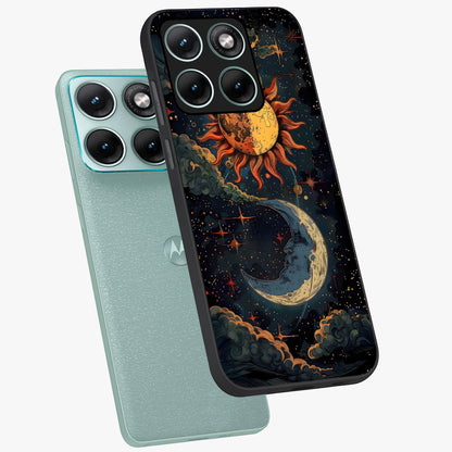 Sun And Moon Magic Design Glass Case displayed in angled mockup highlighting celestial design with magical cosmic aesthetic.