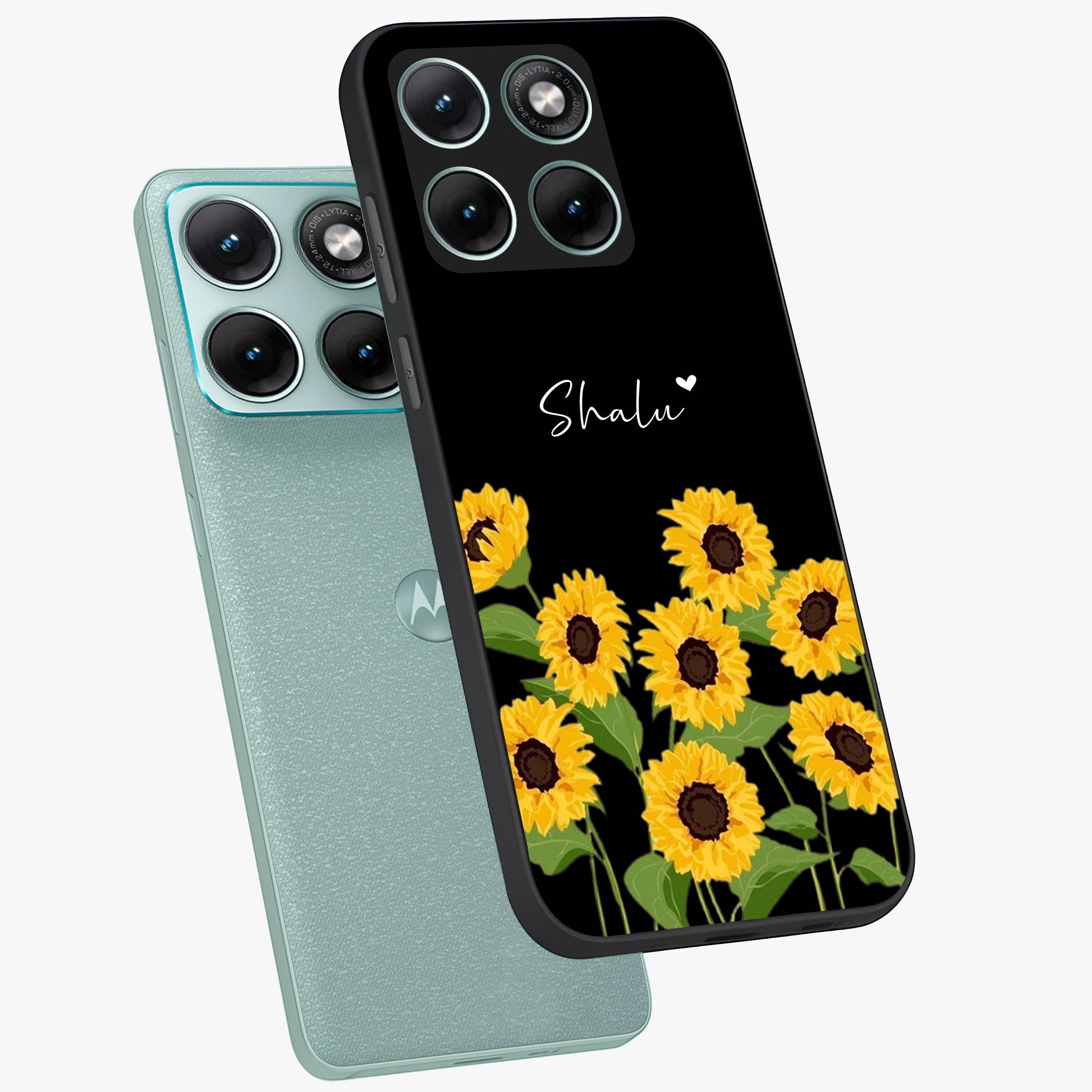 Sunflower Chic Mood Custom Name Glass Case displayed in angled mockup highlighting vibrant sunflower design with custom name feature.