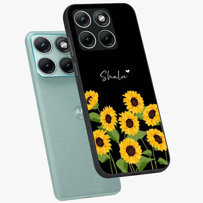 Sunflower Chic Mood Custom Name Glass Case displayed in angled mockup highlighting vibrant sunflower design with custom name feature.