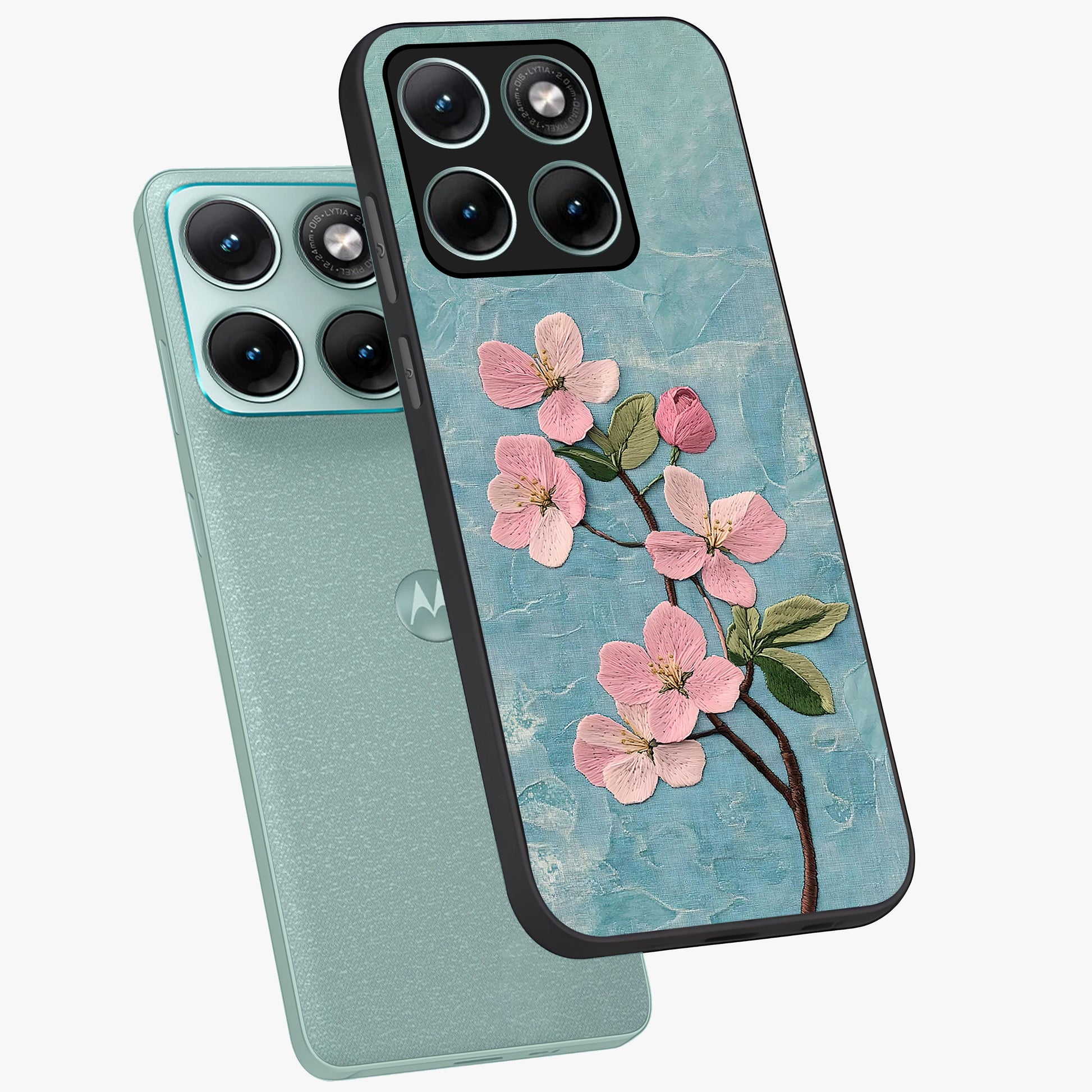Threaded Blossom Breeze Glass Case displayed in angled mockup highlighting elegant floral design with soft aesthetic style.