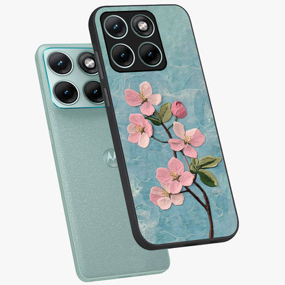 Threaded Blossom Breeze Glass Case displayed in angled mockup highlighting elegant floral design with soft aesthetic style.