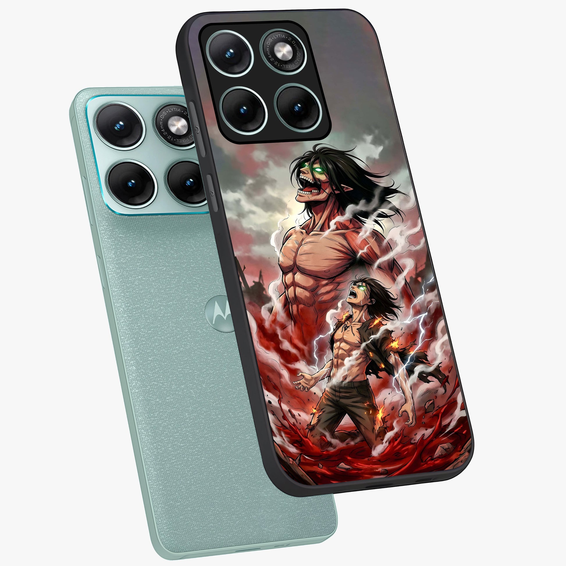 Titan Awakening Fury Glass Case displayed in angled mockup highlighting dramatic giant warrior design with bold anime aesthetic.