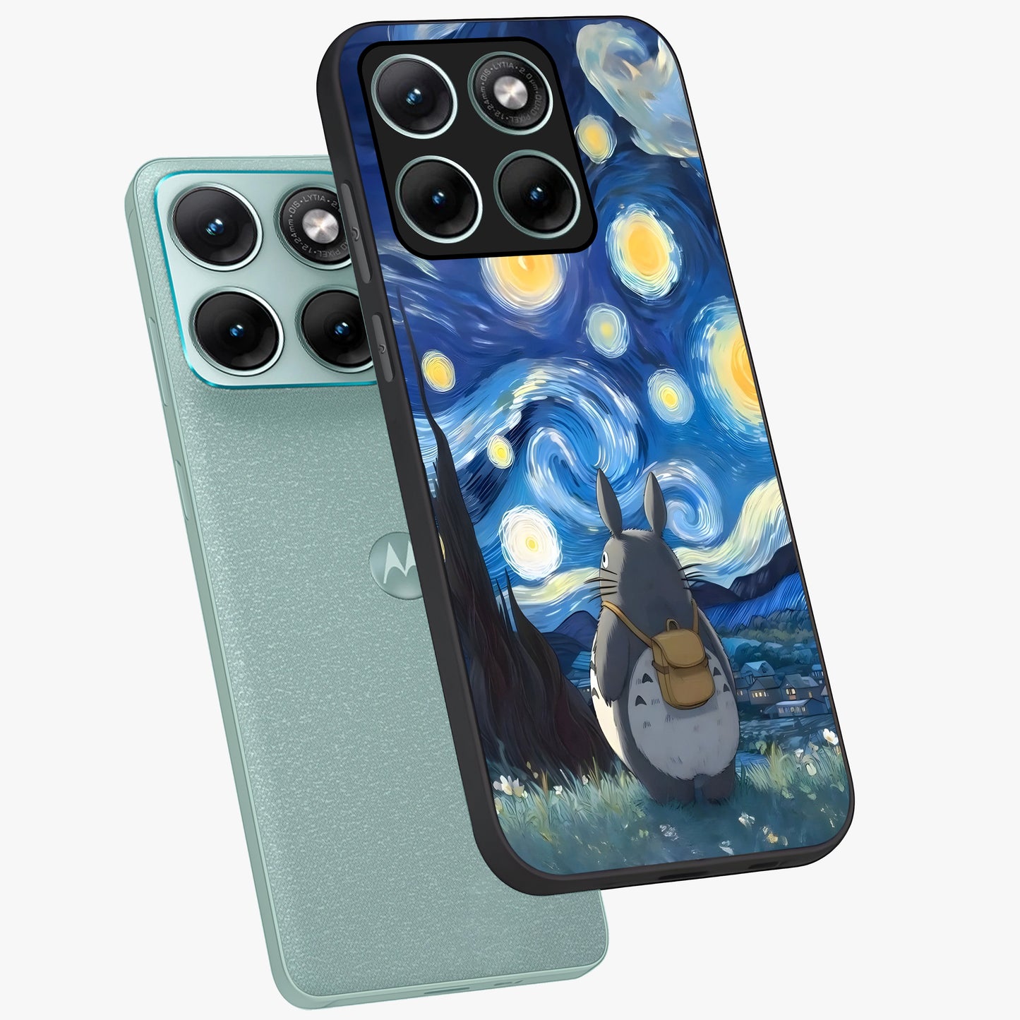 Totoro In Van Gogh Art Glass Case displayed in angled mockup highlighting artistic swirling sky design with playful animation aesthetic.