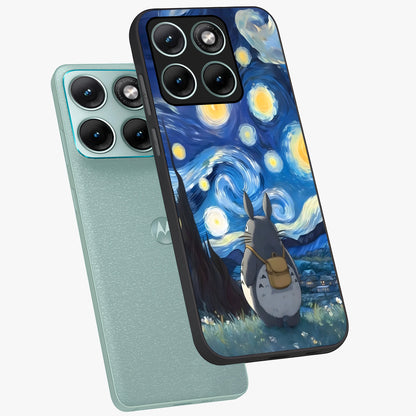 Totoro In Van Gogh Art Glass Case displayed in angled mockup highlighting artistic swirling sky design with playful animation aesthetic.