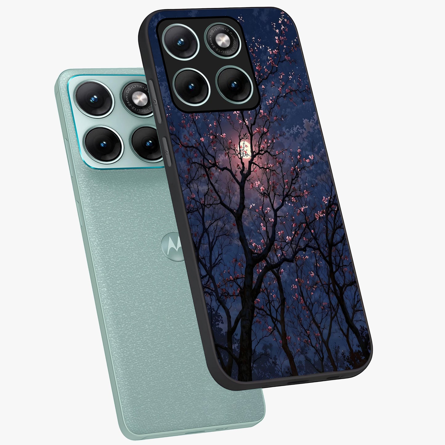 Twilight Sakura Serenade Glass Case displayed in angled mockup highlighting delicate sakura flower design with dreamy aesthetic.