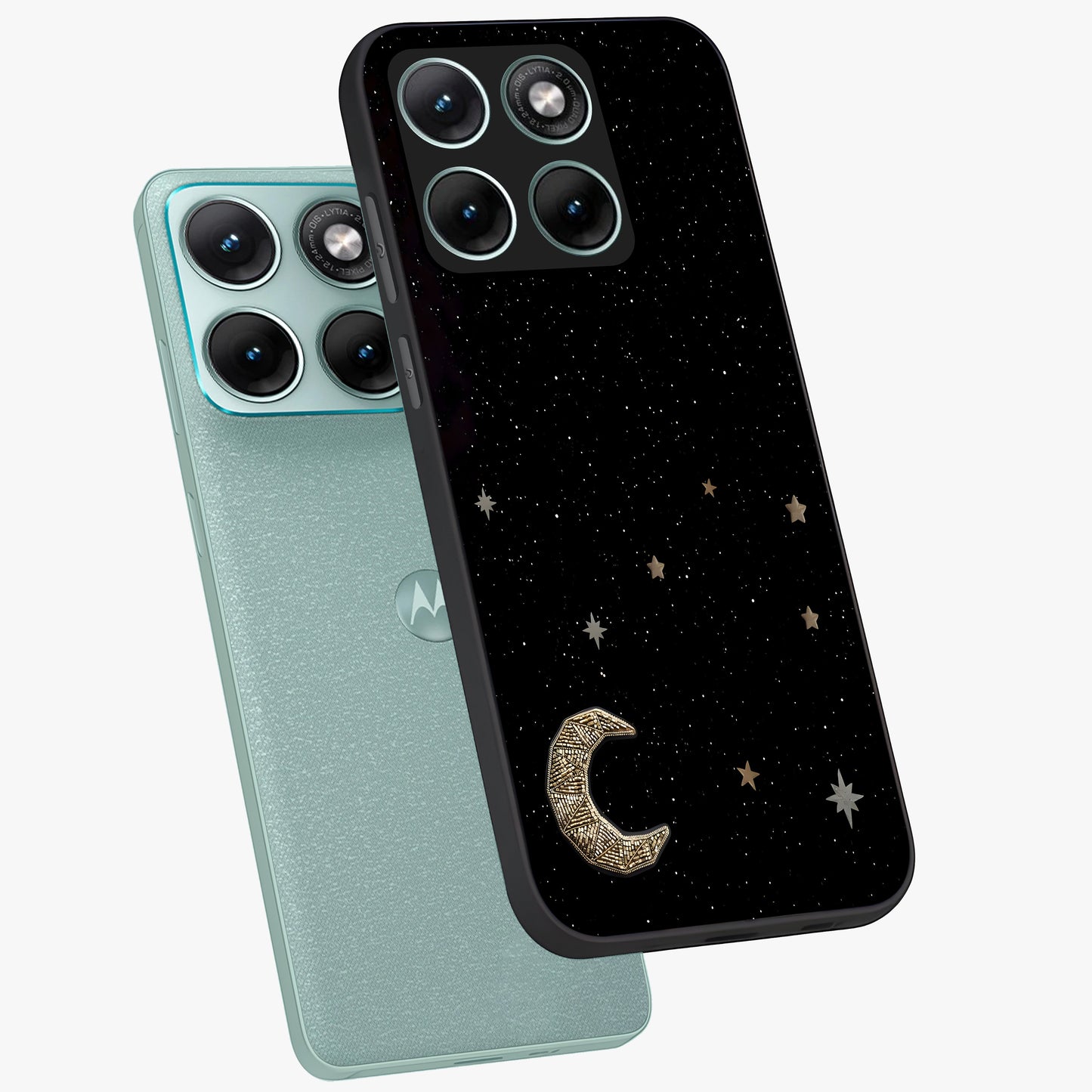 Twinkle Star With Half Moon Glass Case displayed in angled mockup highlighting celestial moon and star design with magical aesthetic.