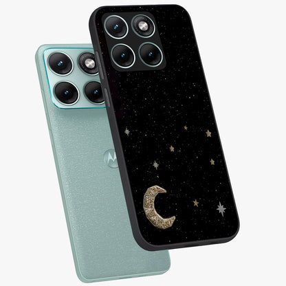 Twinkle Star With Half Moon Glass Case displayed in angled mockup highlighting celestial moon and star design with magical aesthetic.