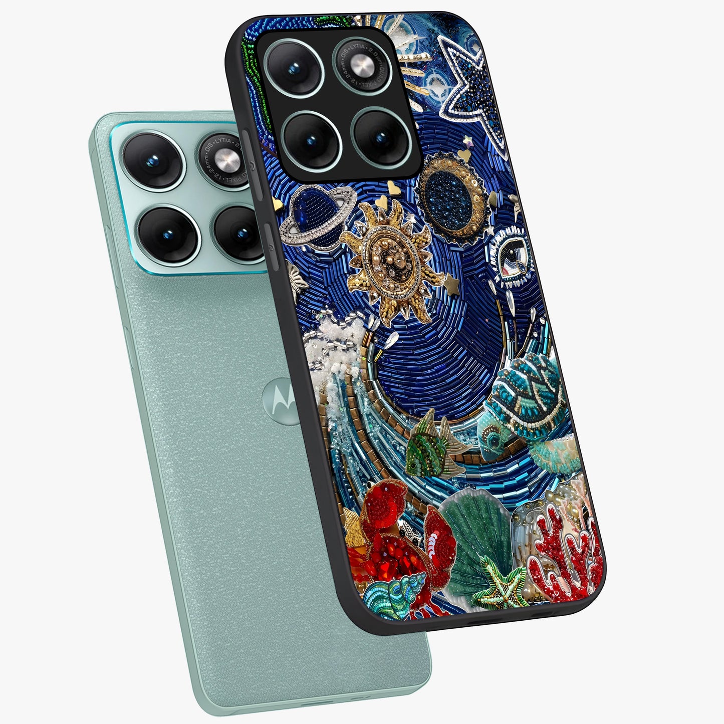 Universe Underwater Spark Glass Case displayed in angled mockup highlighting glowing aquatic design with celestial aesthetic.