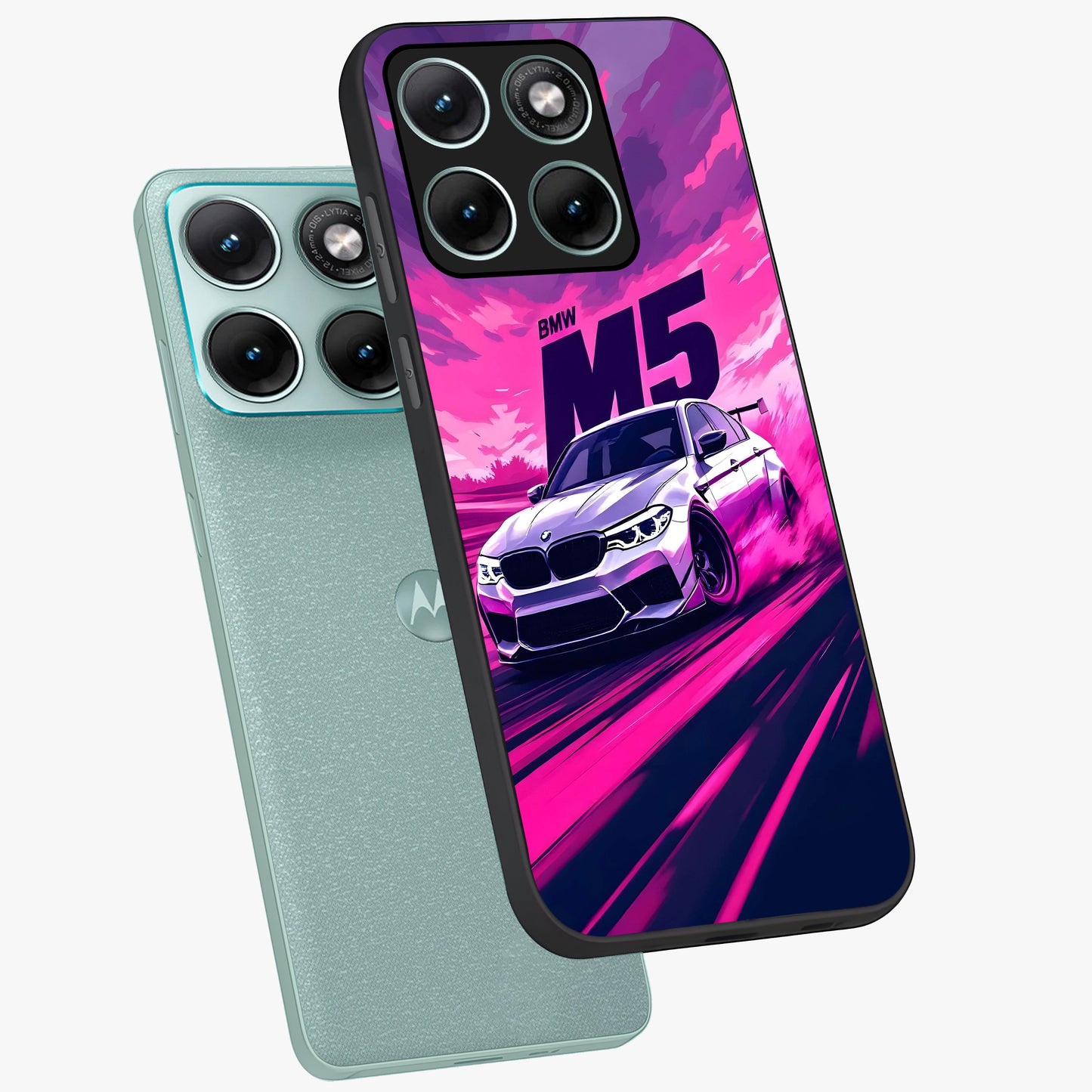 Velocity Drift Pulse Glass Case displayed in angled mockup highlighting dynamic drift design with sporty automotive aesthetic.