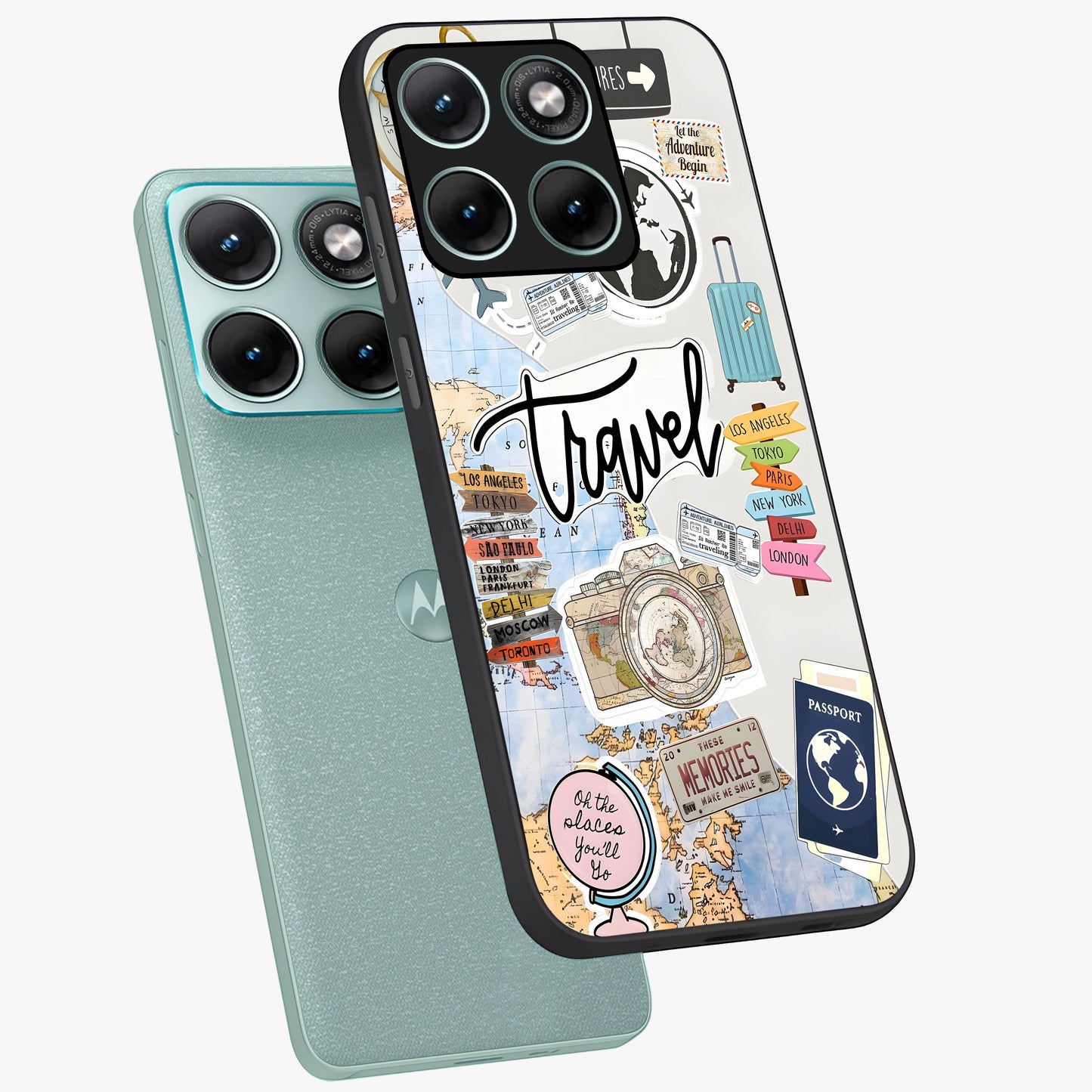 Wanderlust Journal Glass Case displayed in angled mockup highlighting adventure themed design with aesthetic travel vibe.