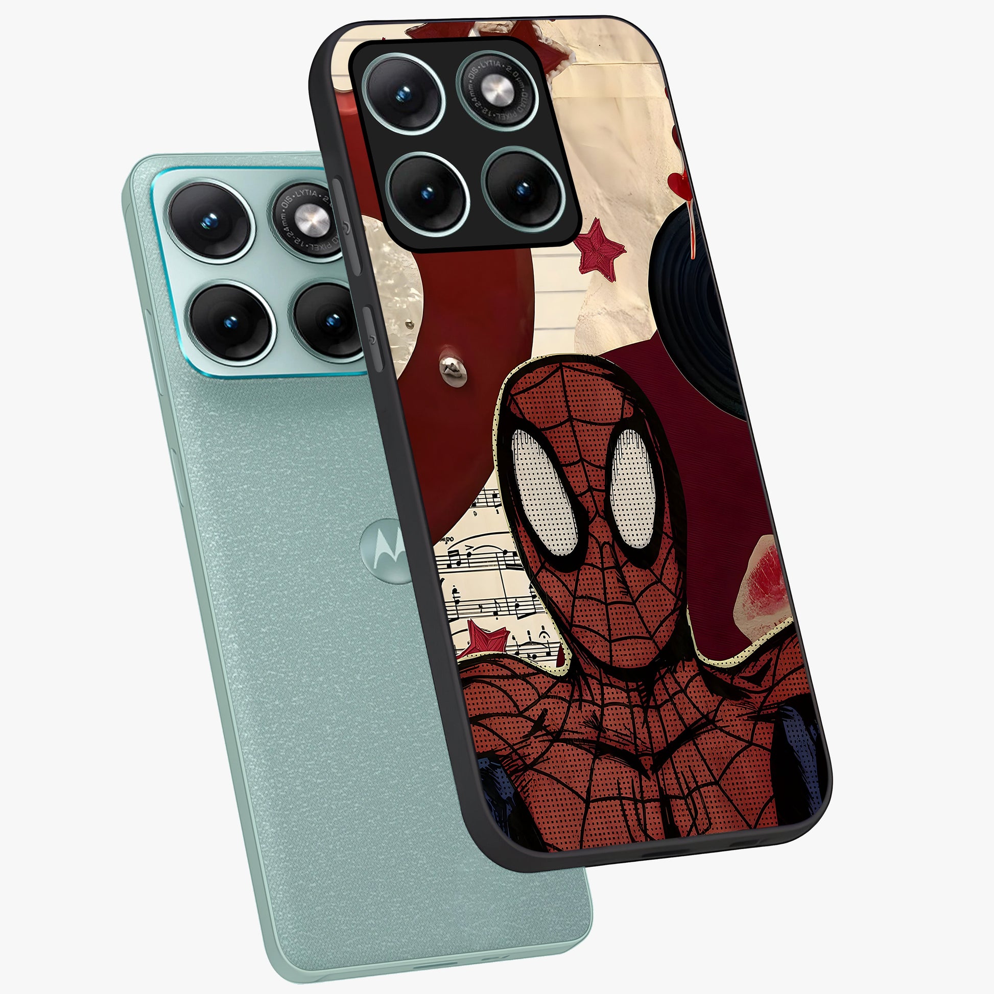 Web Warrior Vibes Glass Case displayed in angled mockup highlighting dynamic web design with comic style aesthetic.