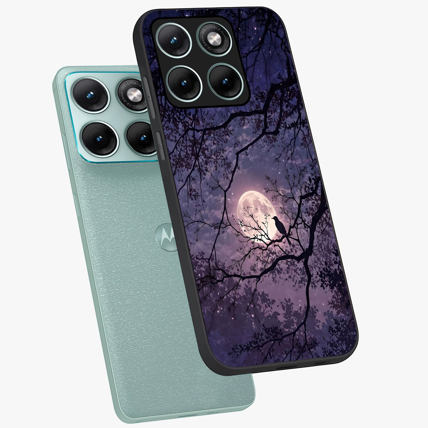 Whispering Moon Silence Glass Case displayed in angled mockup highlighting calm lunar design with dreamy night aesthetic.