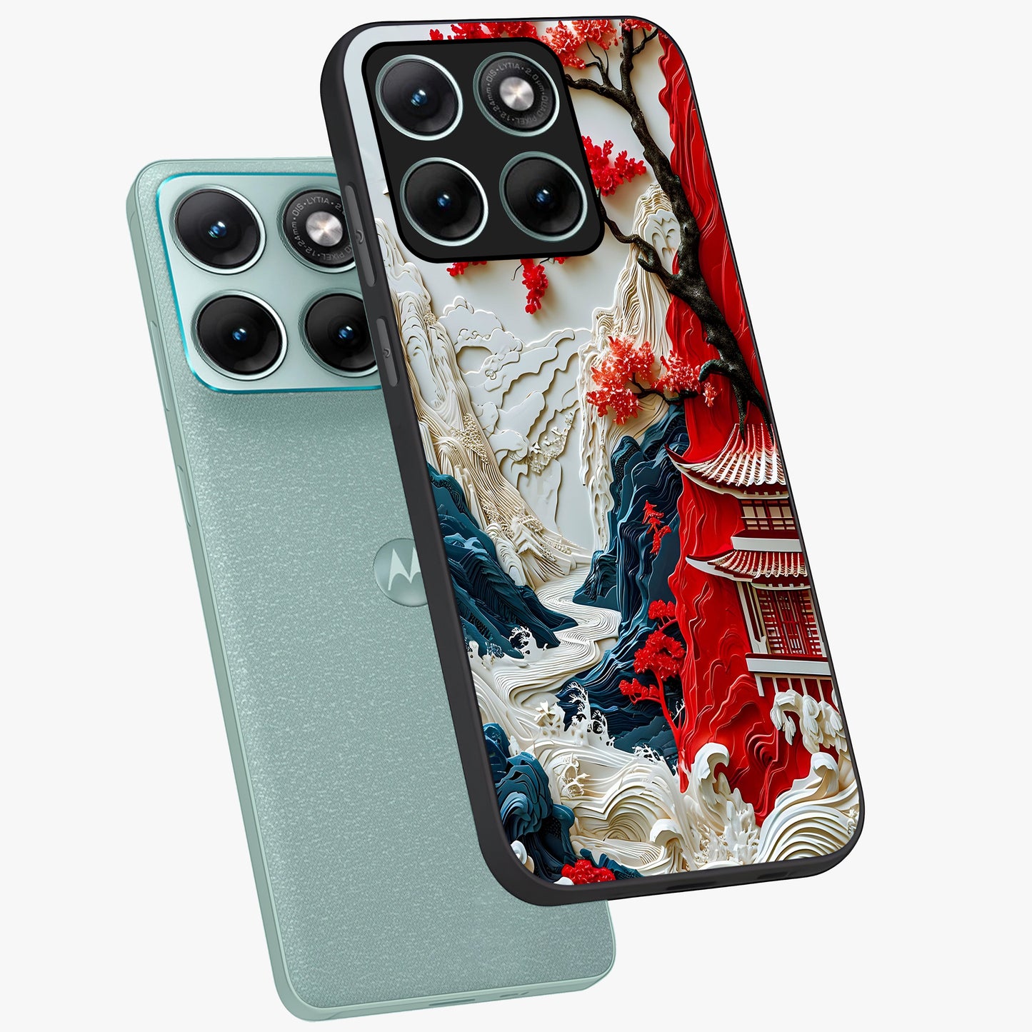 Whispers Of Sakura Waves Glass Case displayed in angled mockup highlighting flowing sakura design with soft floral aesthetic.