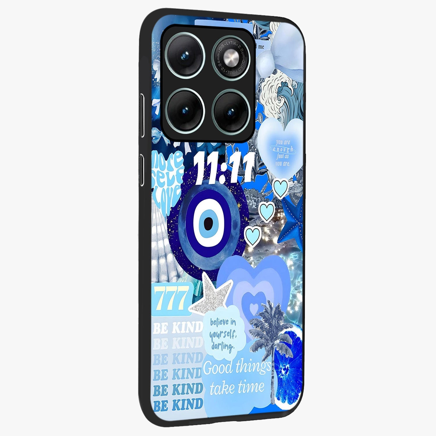 Aesthetic Be Kind Eye Glass Case upright view showcasing stylish eye illustration with positive message theme.