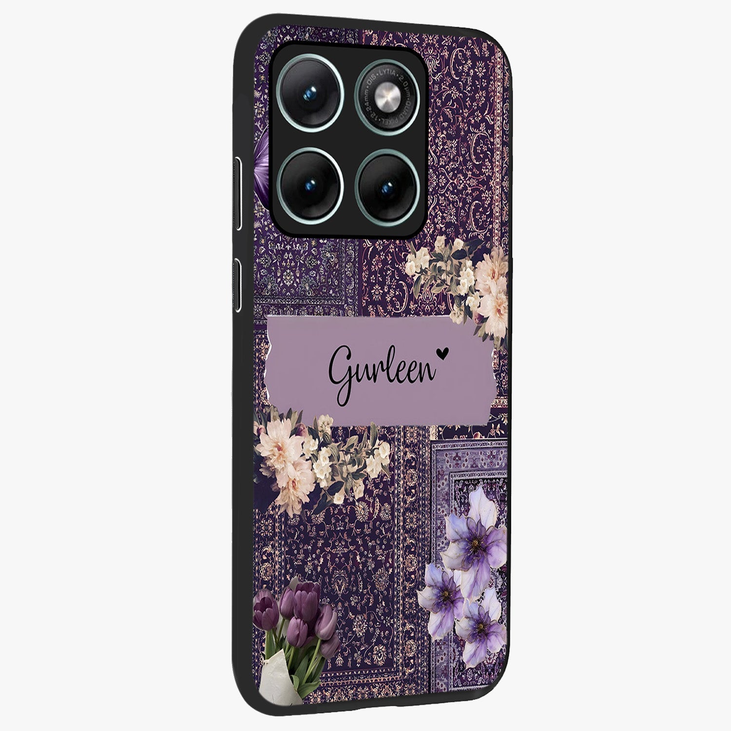 Antique Floral Whisper Custom Name Glass Case upright view showcasing delicate floral artwork with custom name feature.