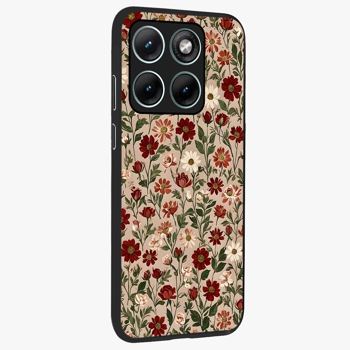 Biege Flower With Leaf Glass Case upright view showcasing delicate beige flower illustration with clean botanical style.