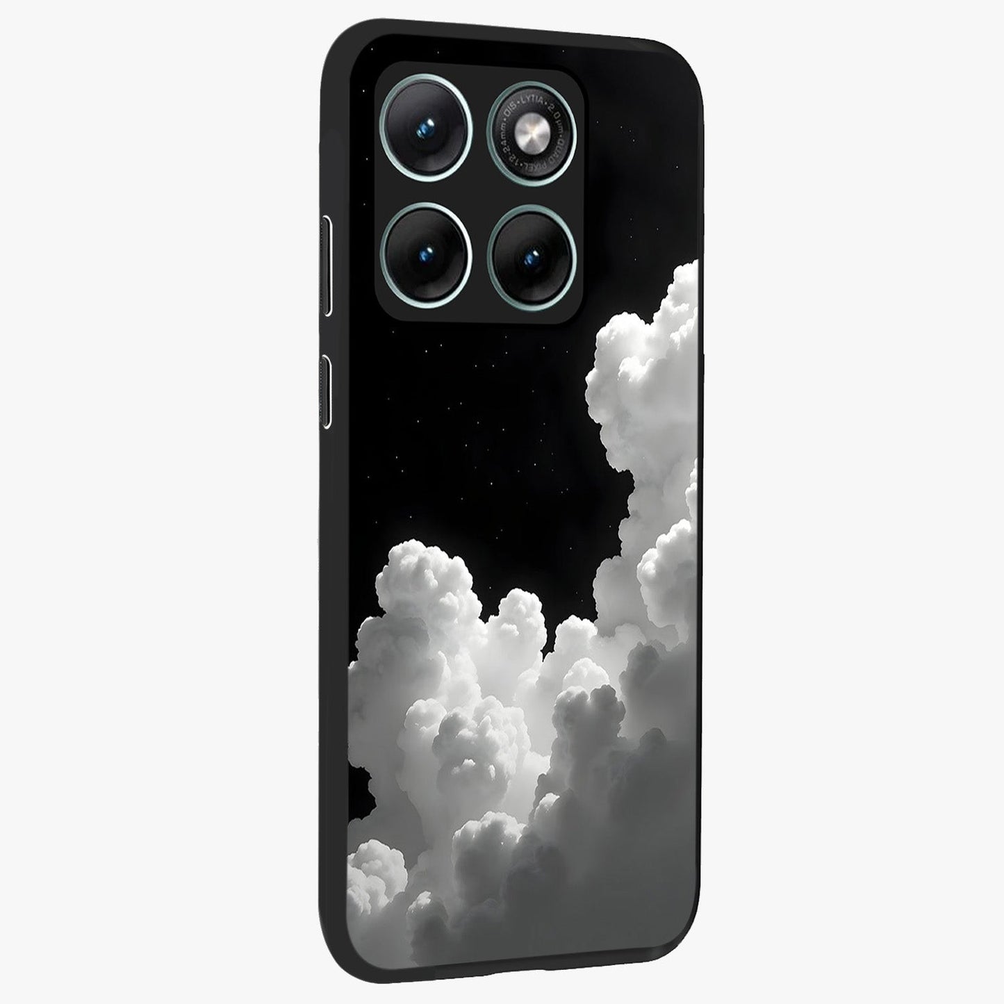 Black Background With White Cloud Glass Case upright view showcasing calm cloud aesthetic with modern minimal style.
