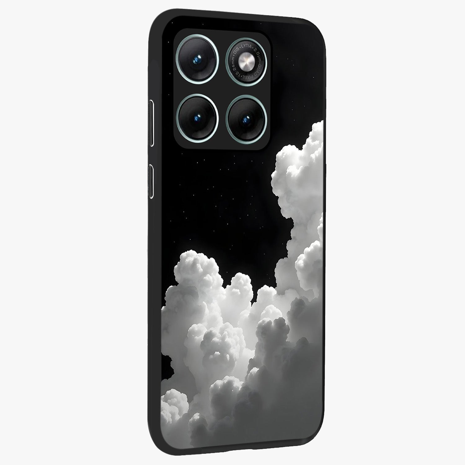 Black Background With White Cloud Glass Case upright view showcasing calm cloud aesthetic with modern minimal style.