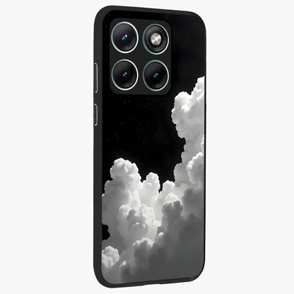 Black Background With White Cloud Glass Case upright view showcasing calm cloud aesthetic with modern minimal style.