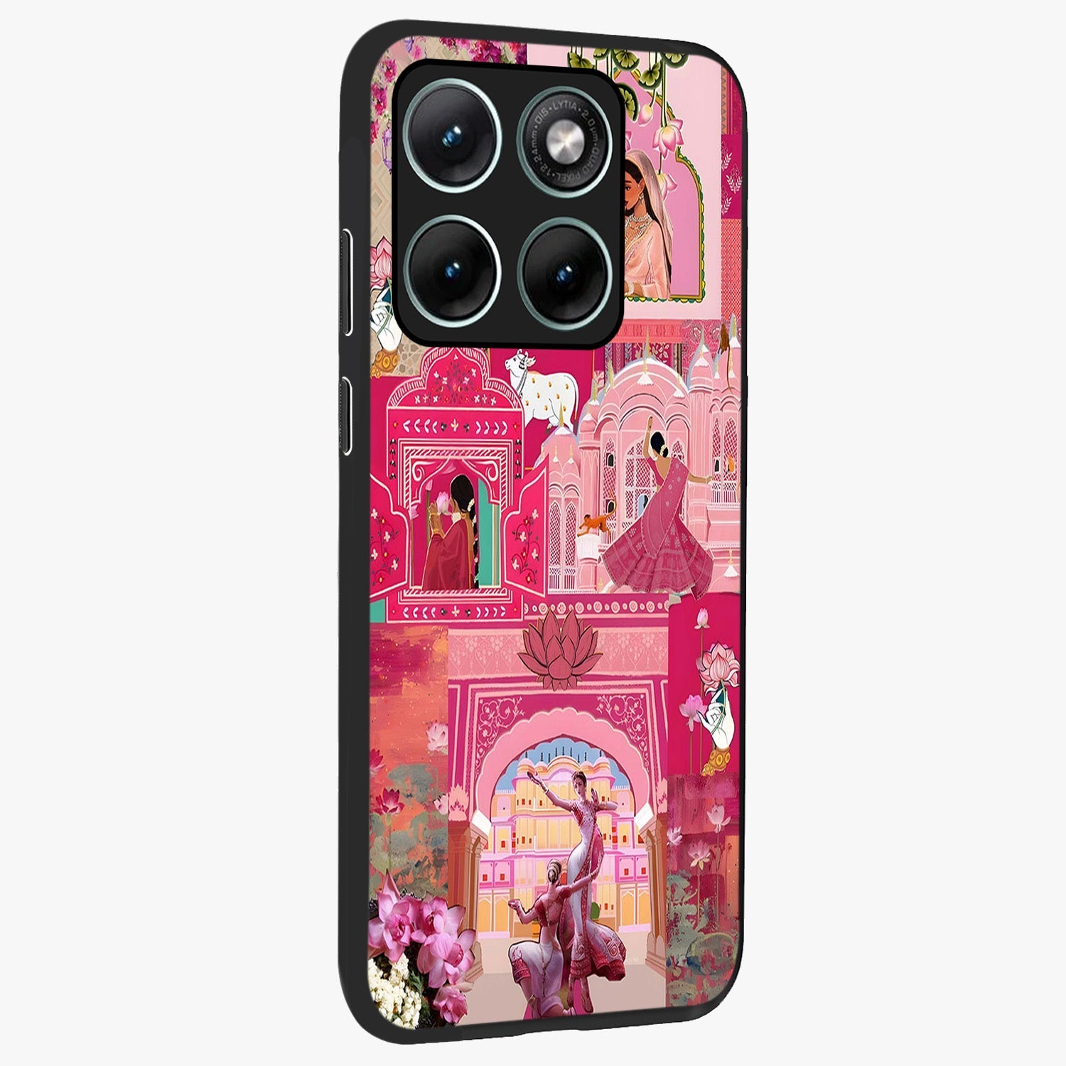 Blossoms of Rajasthan Glass Case upright view showcasing colorful floral design inspired by traditional Indian art.