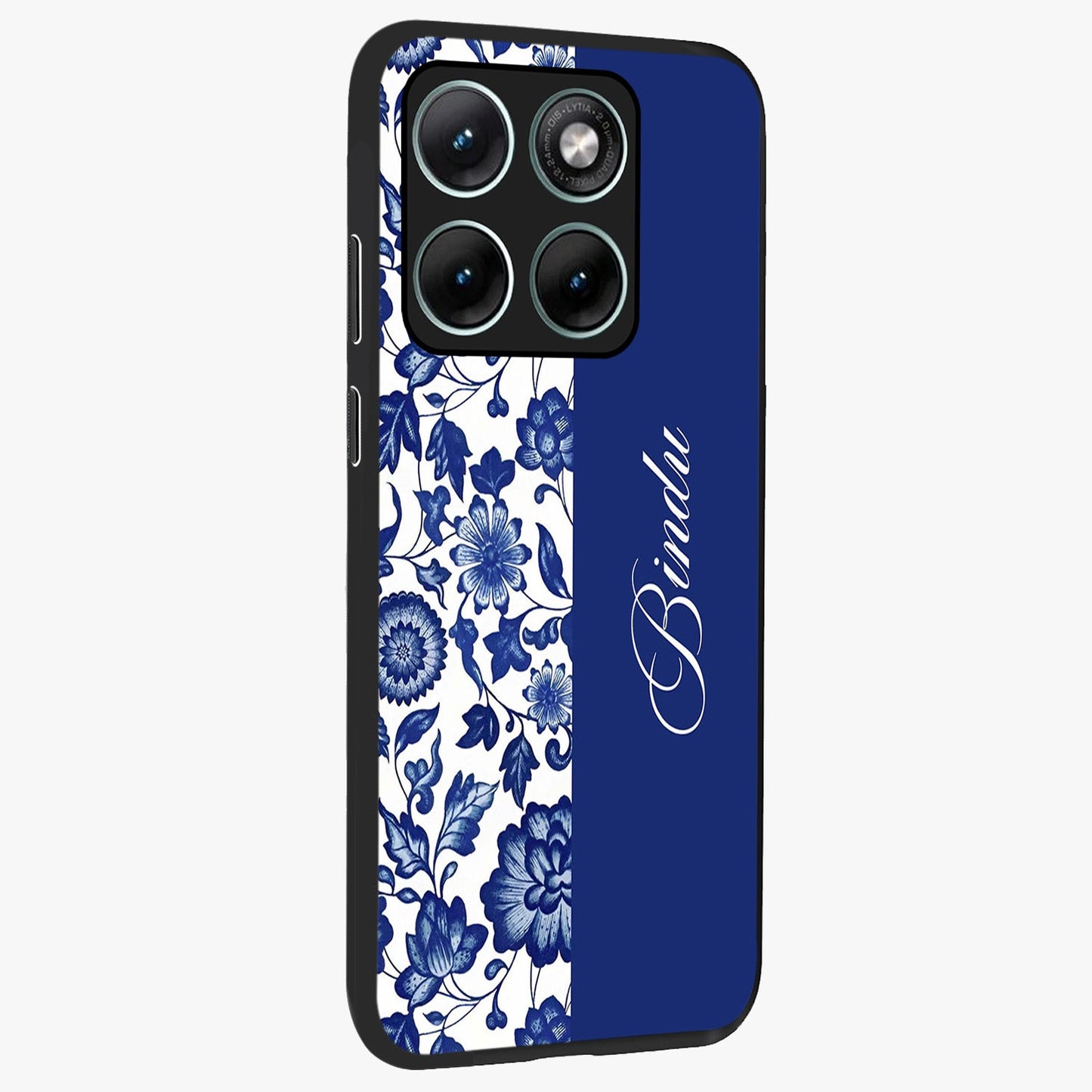 Blue Vintage Floral Pattern Glass Case upright view showcasing delicate blush floral texture with modern minimal style.