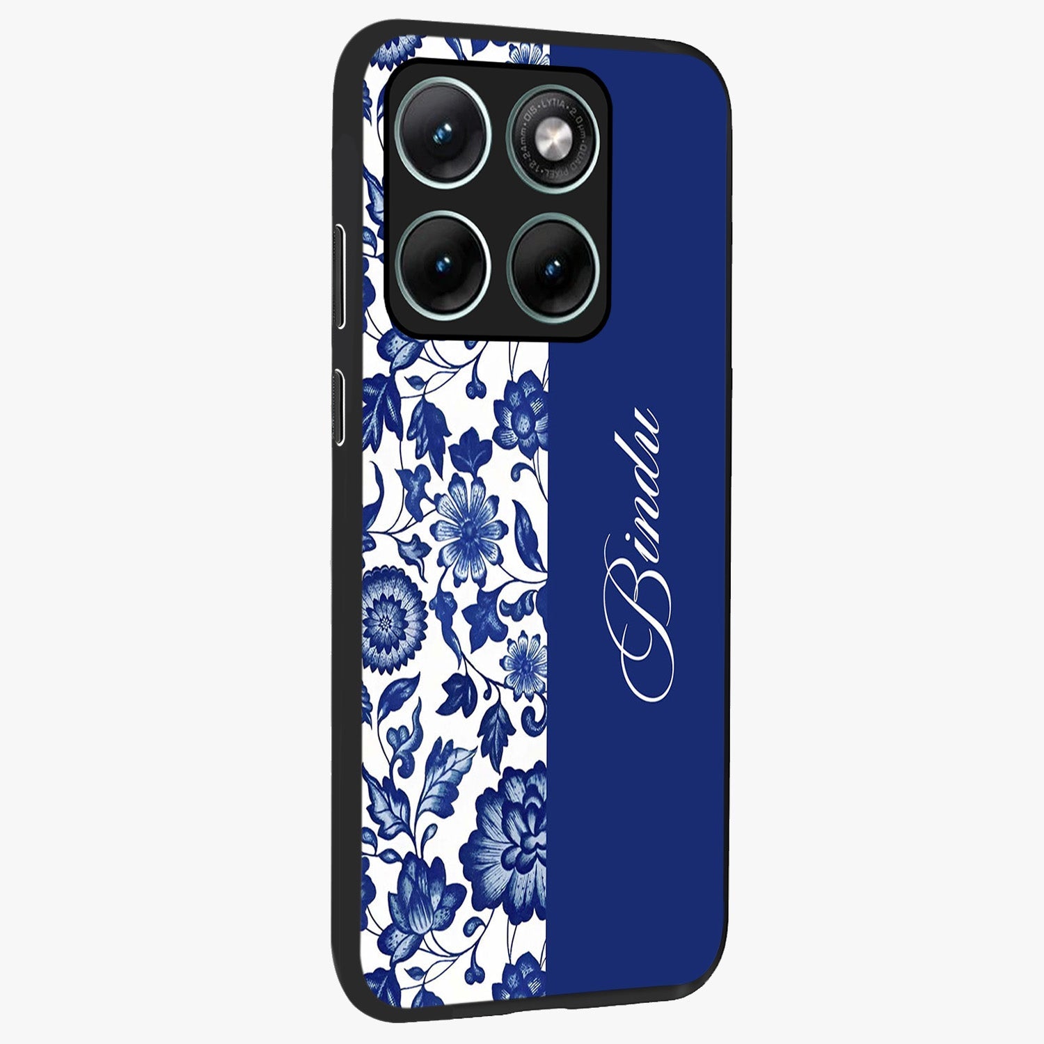 Blue Vintage Floral Pattern Glass Case upright view showcasing delicate blush floral texture with modern minimal style.
